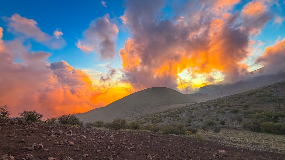 A fiery Kona sunset over the lava coast