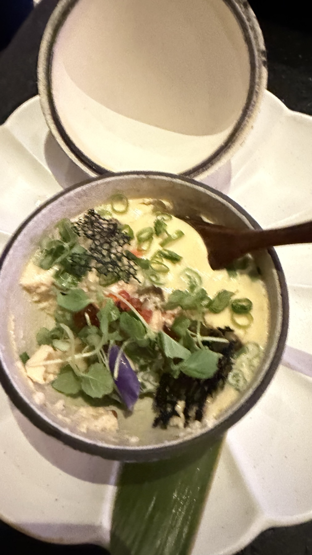 Chilled uni chawanmushi served in a lidded stone vessel